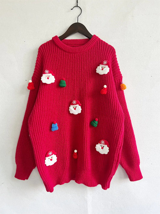 Gabriela | Warm jacquard knitted sweater with a crew neck and crocheted Christmas characters for women