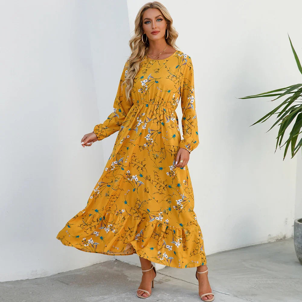 Natasha® | Women'S Bohemian Floral Chiffon Maxi Dress With Long Sleeves