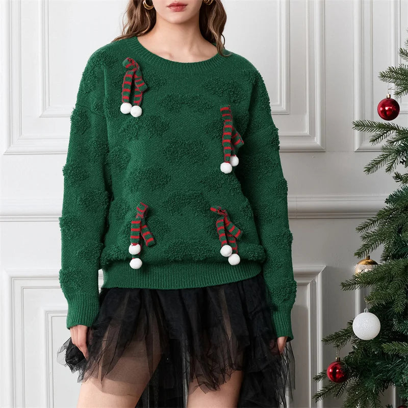 Marie | Warm women's knitted sweater with a crew neck and bow
