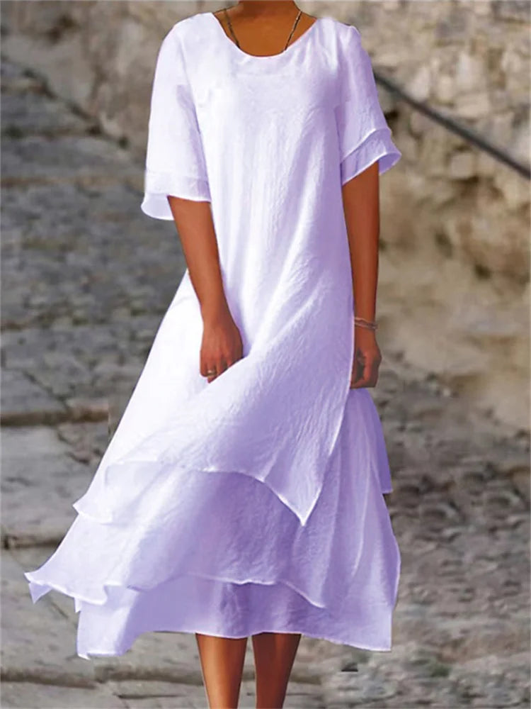 Eva® | Double-Layered Slit Short-Sleeved Dress With Round Neck