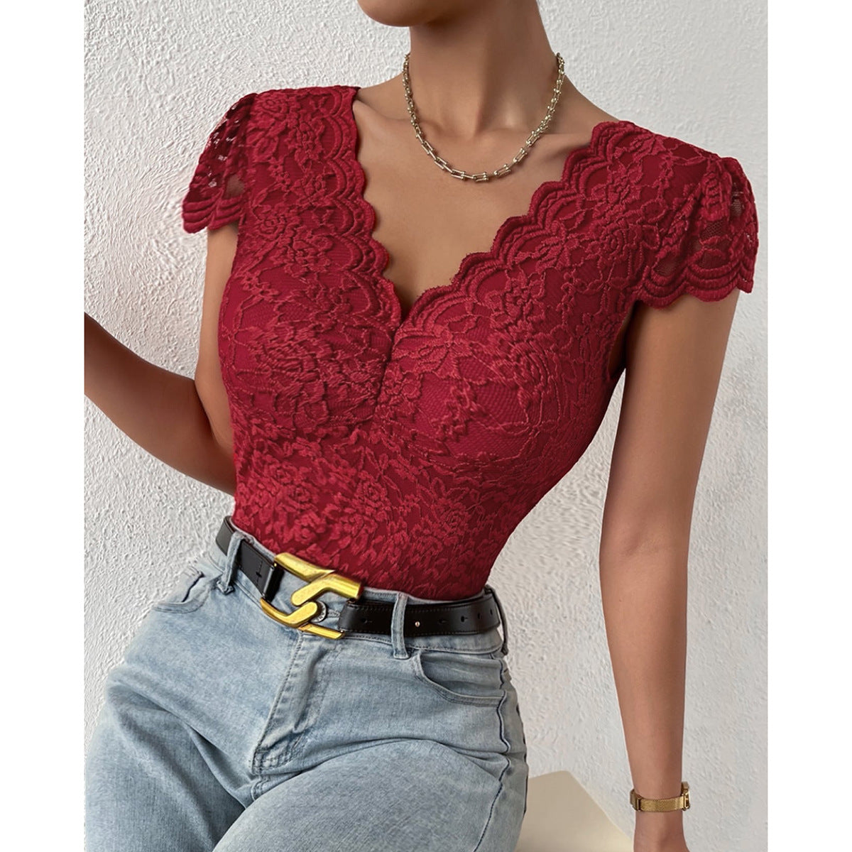 Avelina® | Elegant Body Suit With Lace Sleeves And V-Neck