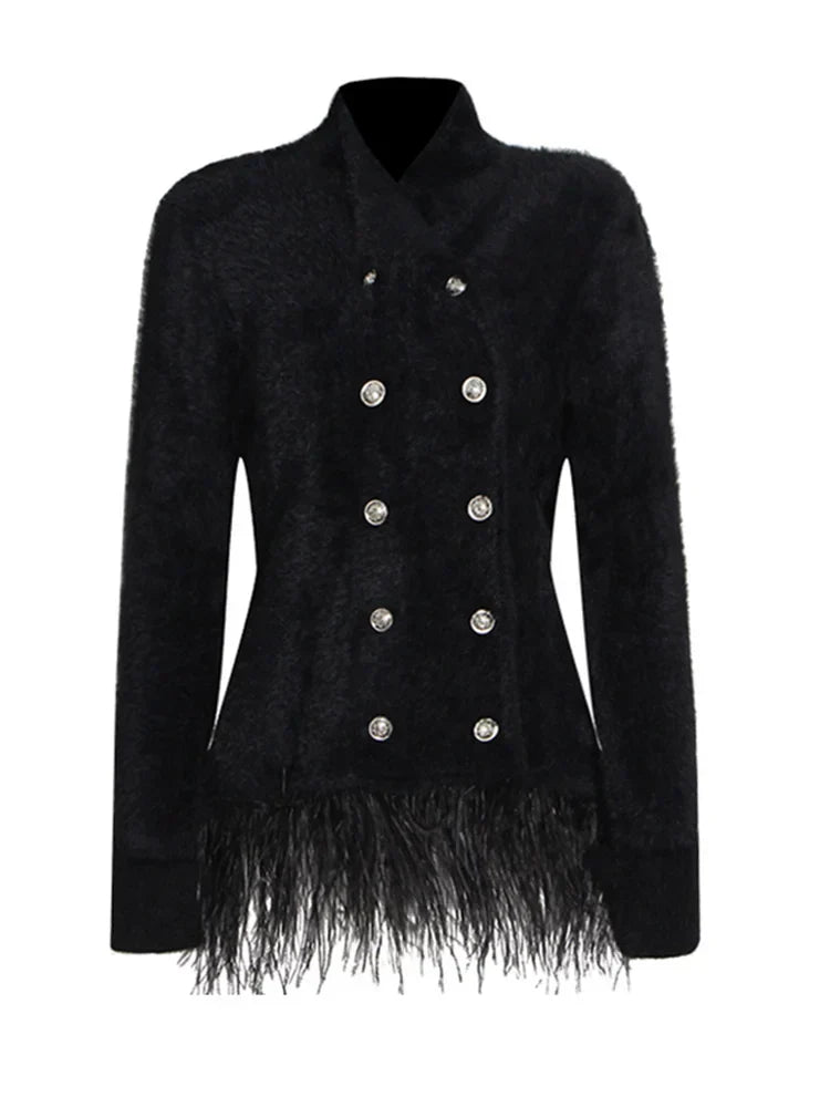 Natividad | Patchwork blazer with feather accessories