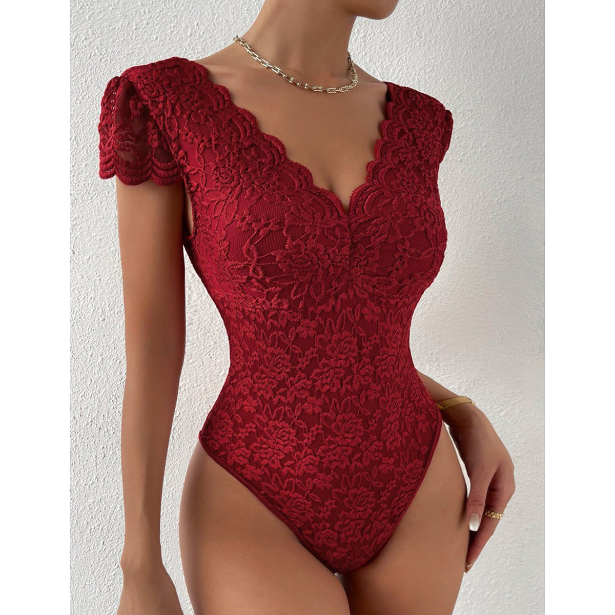 Aya® | Figure-Hugging Short Sleeve V-Neck Bodysuits With Lace