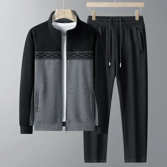 Men's Tracksuit Two Piece Set with Zip Jacket and Geometric Detail