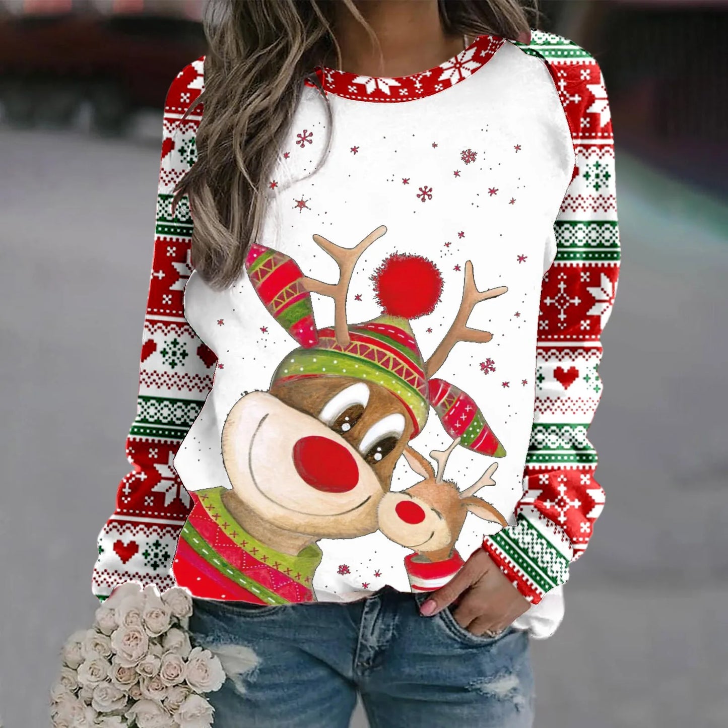 Sara | Warm 3D printed Christmas reindeer crew neck sweater for women
