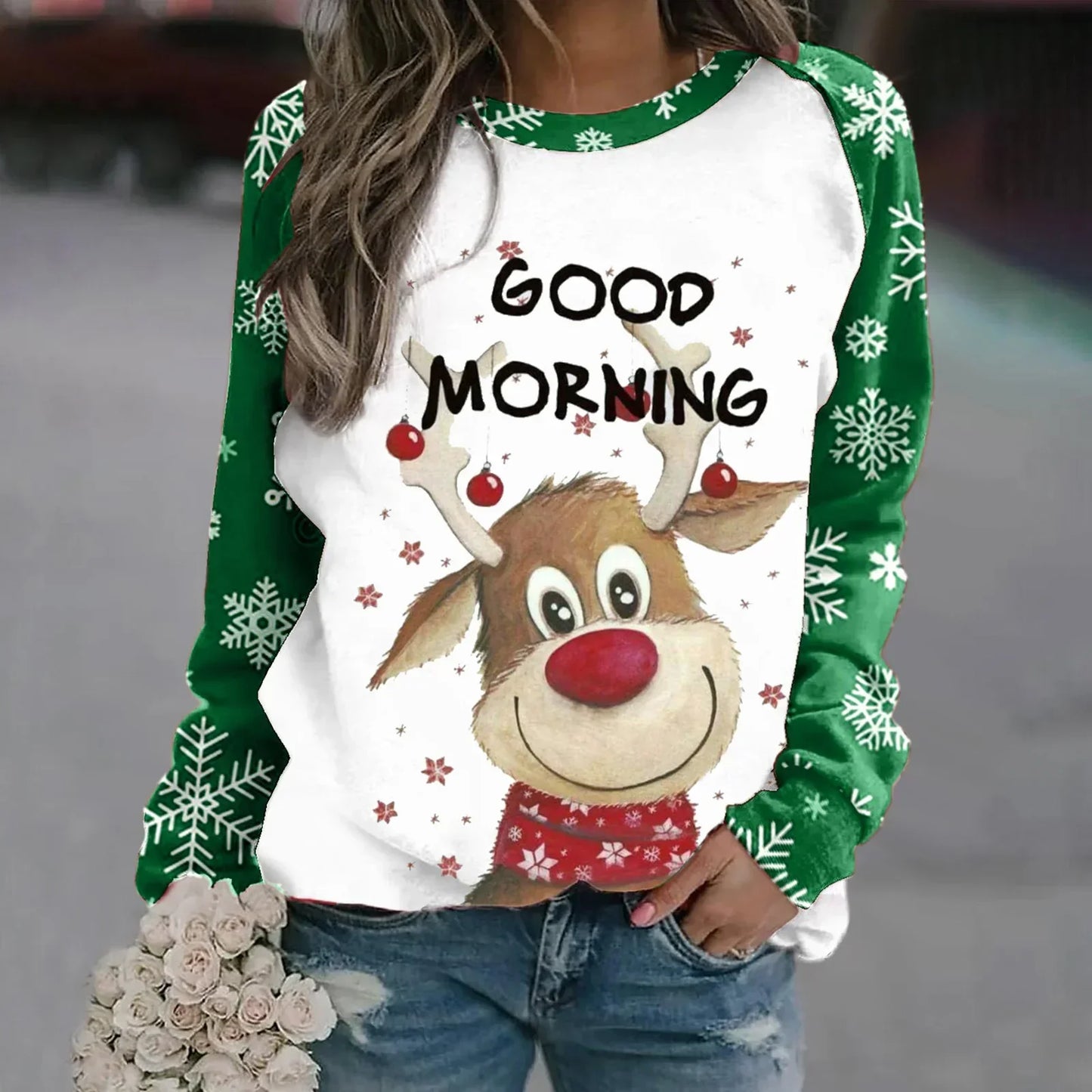 Sara | Warm 3D printed Christmas reindeer crew neck sweater for women