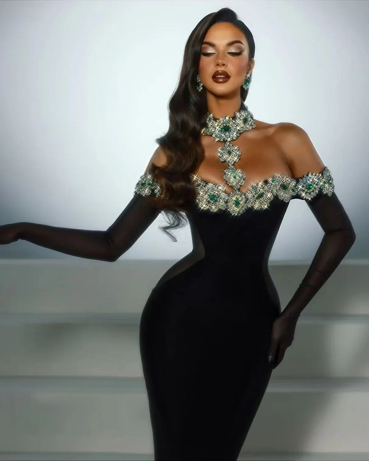 Off-The-Shoulder Halter Ankle-Length Party Dress