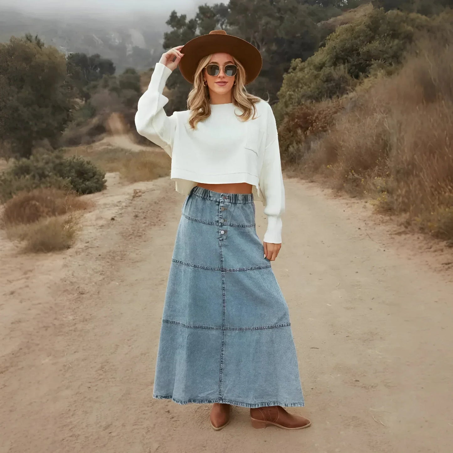 Angela® | Tiered women's denim skirt long