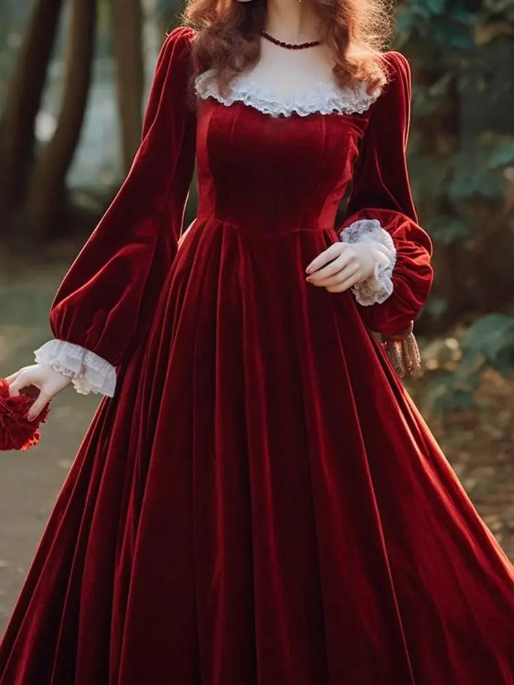 Elegant French Hepburn Velvet Drape Red Party Dress