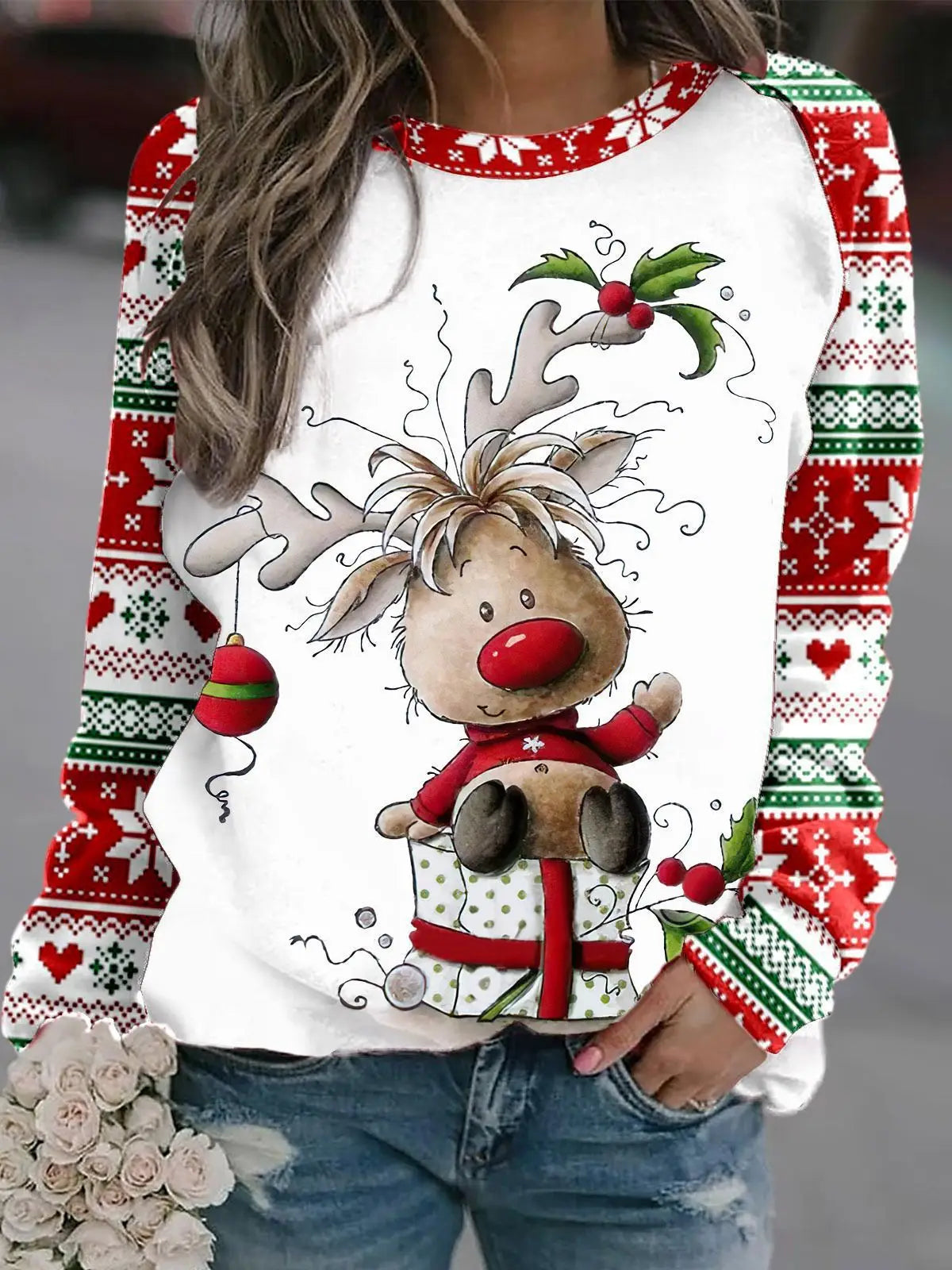Sara | Warm 3D printed Christmas reindeer crew neck sweater for women