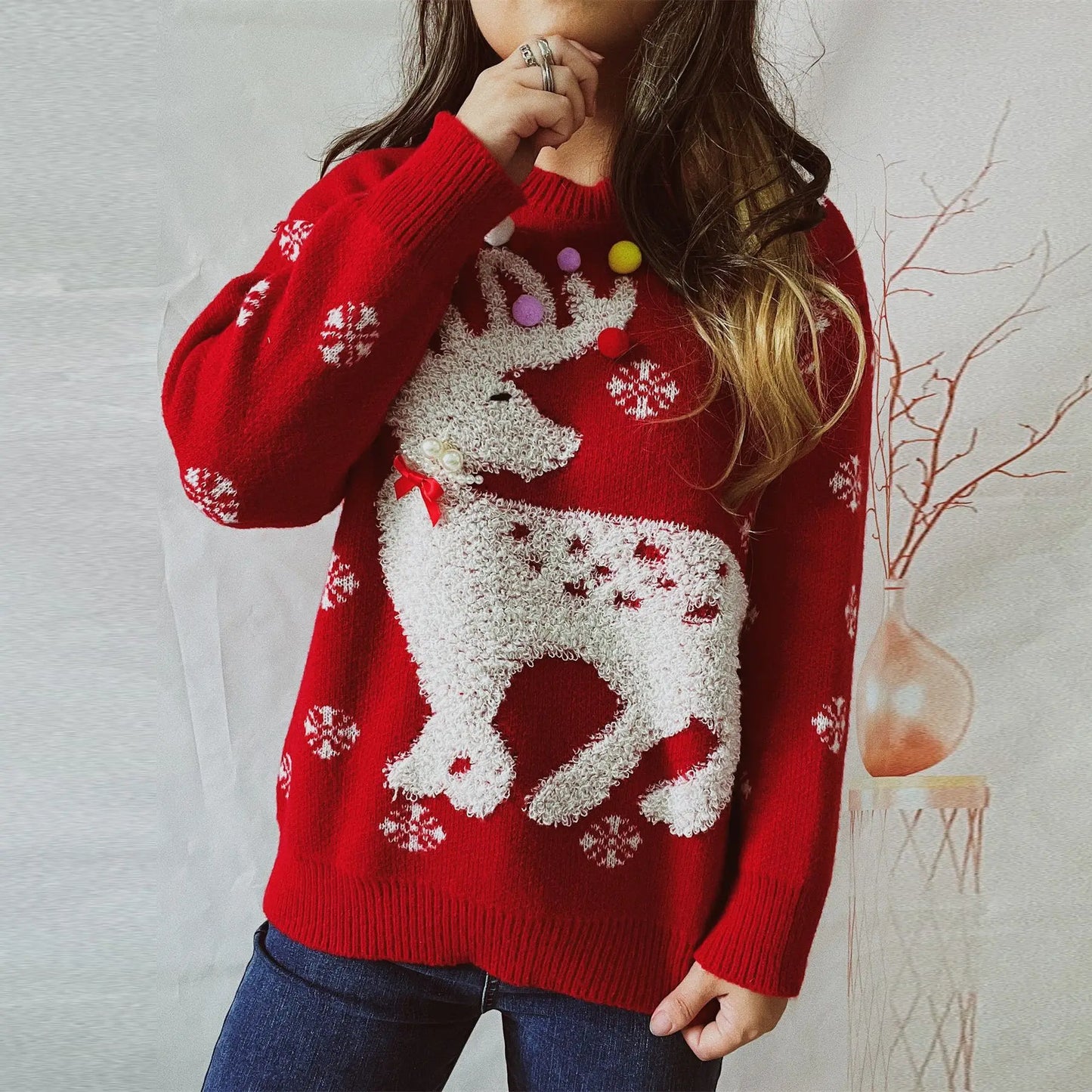 Greta | Women's knitted sweater with warm elk flock Christmas jacquard crew neck