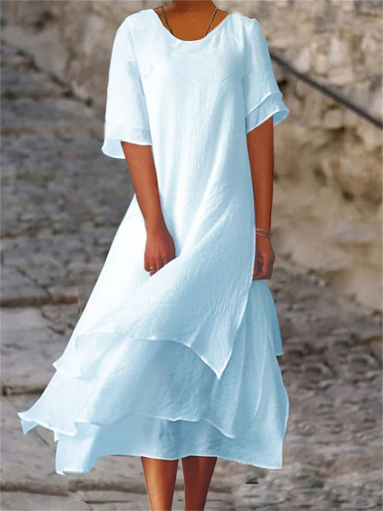 Eva® | Double-Layered Slit Short-Sleeved Dress With Round Neck
