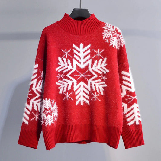 Hilda | Warm knitted turtleneck sweater with snowflake embroidery for women