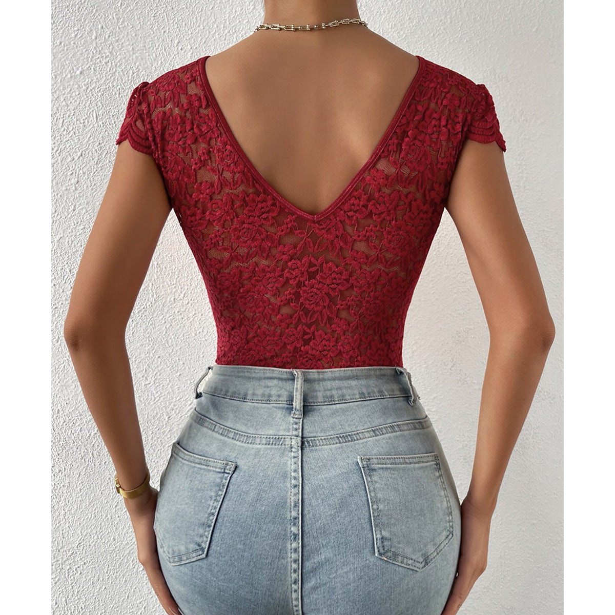 Aya® | Figure-Hugging Short Sleeve V-Neck Bodysuits With Lace