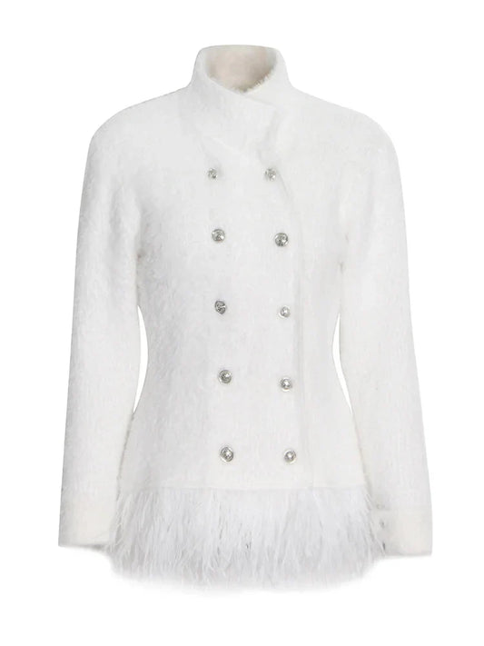 Natividad | Patchwork blazer with feather accessories
