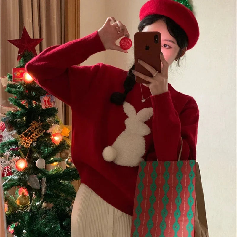 Silvia | Warm women's knitted sweater with a Christmas bunny embossing and a crew neck