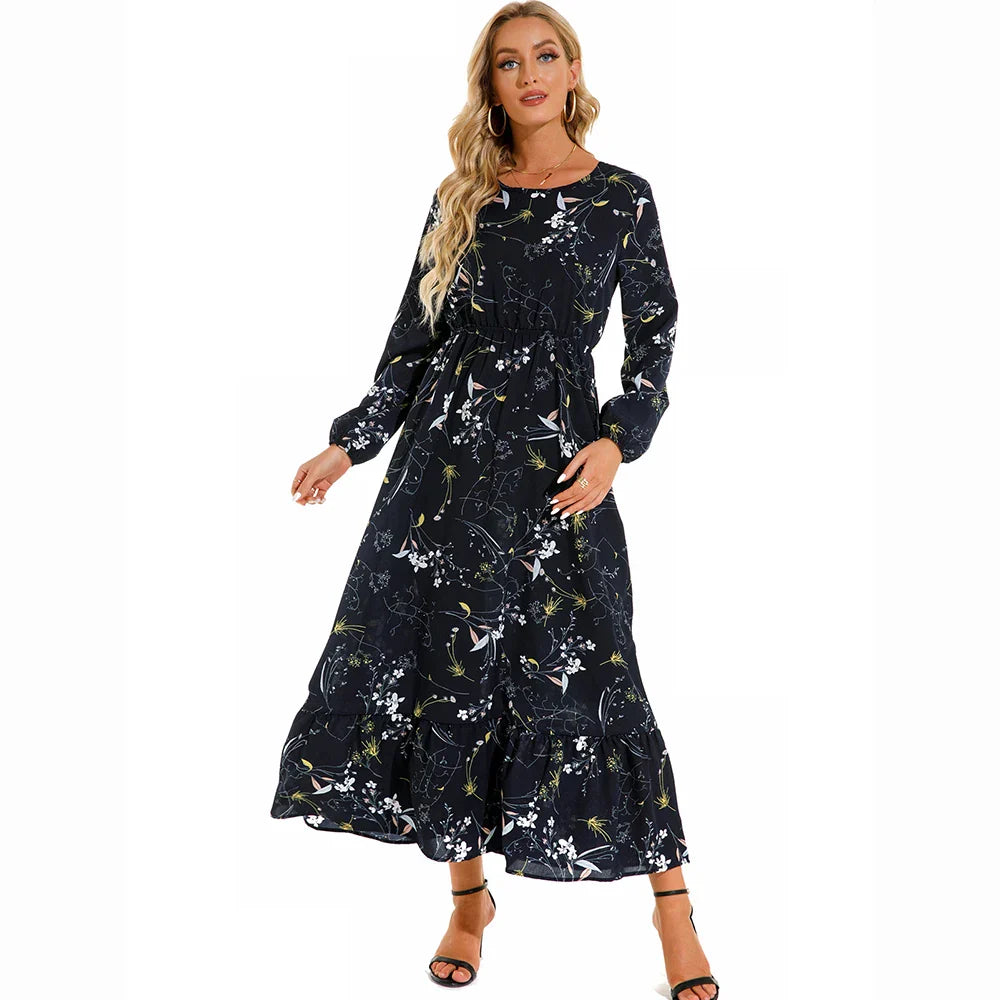 Natasha® | Women'S Bohemian Floral Chiffon Maxi Dress With Long Sleeves