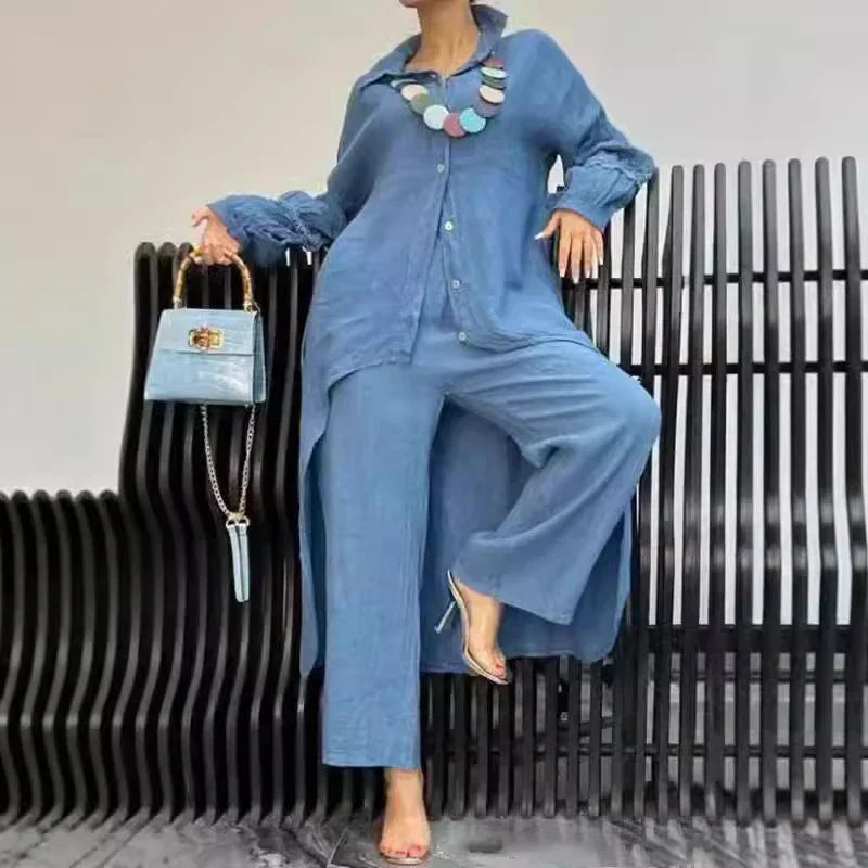 Tamar | Women's linen crochet set with buttons and lapel collar