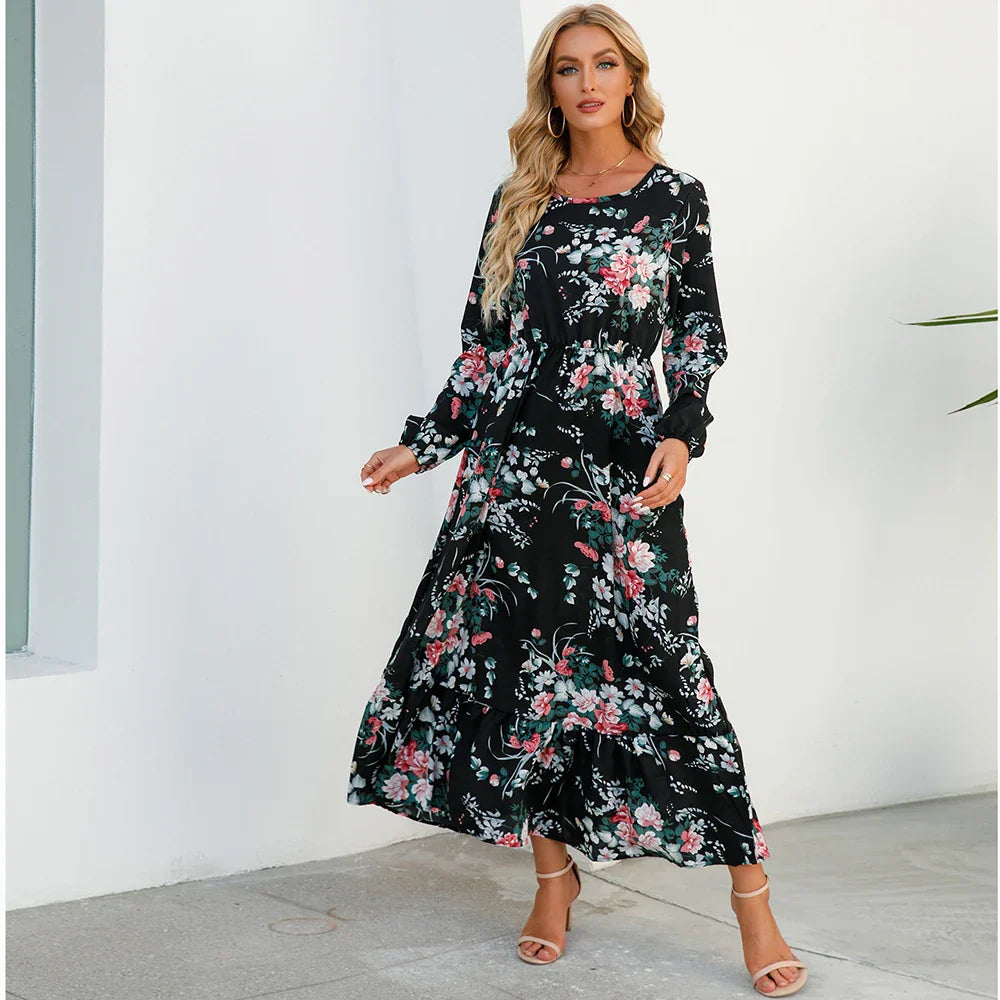 Natasha® | Women'S Bohemian Floral Chiffon Maxi Dress With Long Sleeves