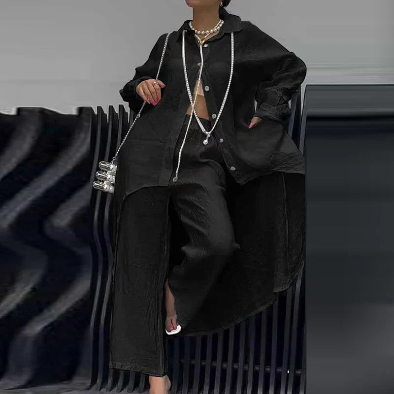 Tamar | Women's linen crochet set with buttons and lapel collar