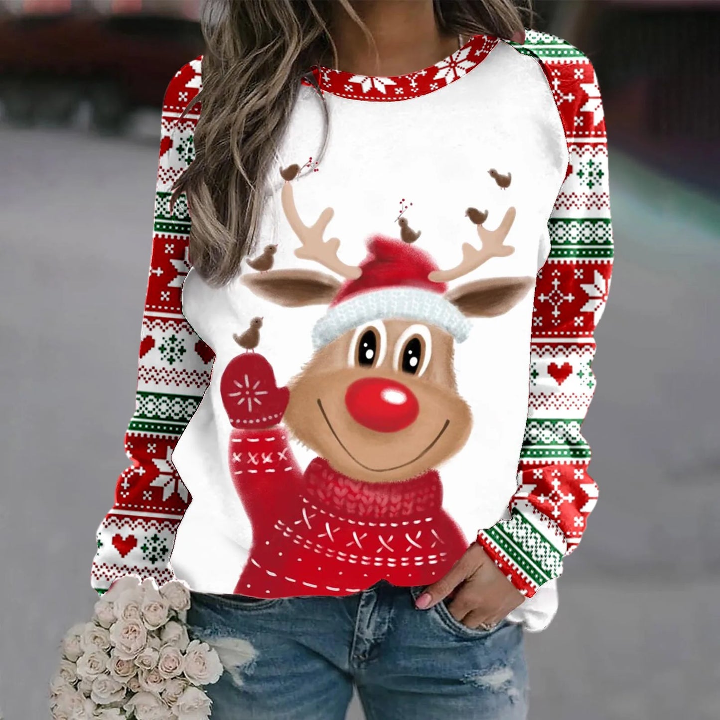 Sara | Warm 3D printed Christmas reindeer crew neck sweater for women
