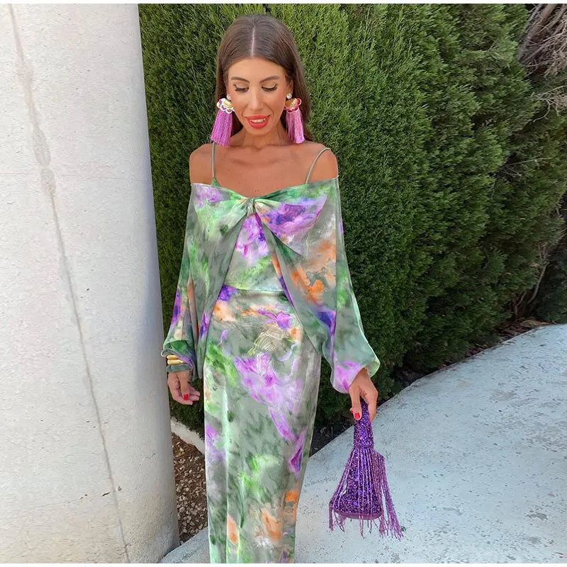 Xenia® | Colorful, Sexy Maxi Dress With Halo Dye Print And Detachable Scarf