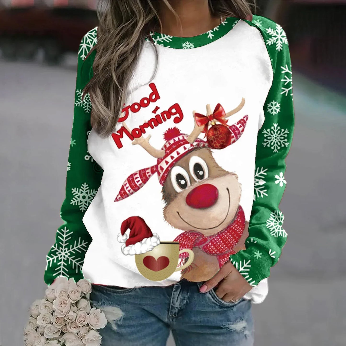 Sara | Warm 3D printed Christmas reindeer crew neck sweater for women