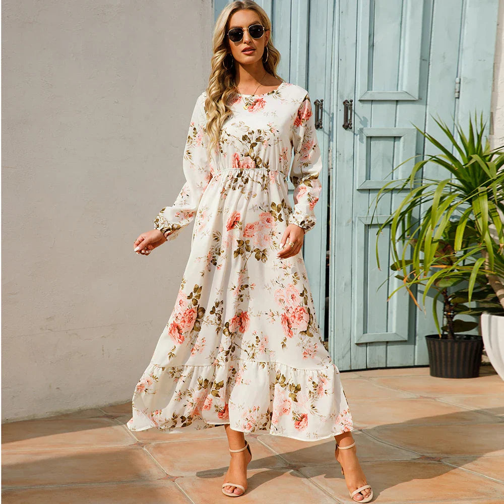 Natasha® | Women'S Bohemian Floral Chiffon Maxi Dress With Long Sleeves