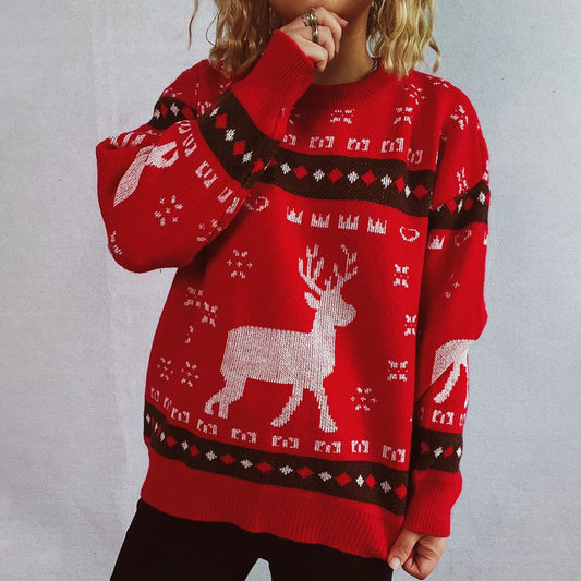Mareike | Women's warm round neck Christmas reindeer knitted sweater