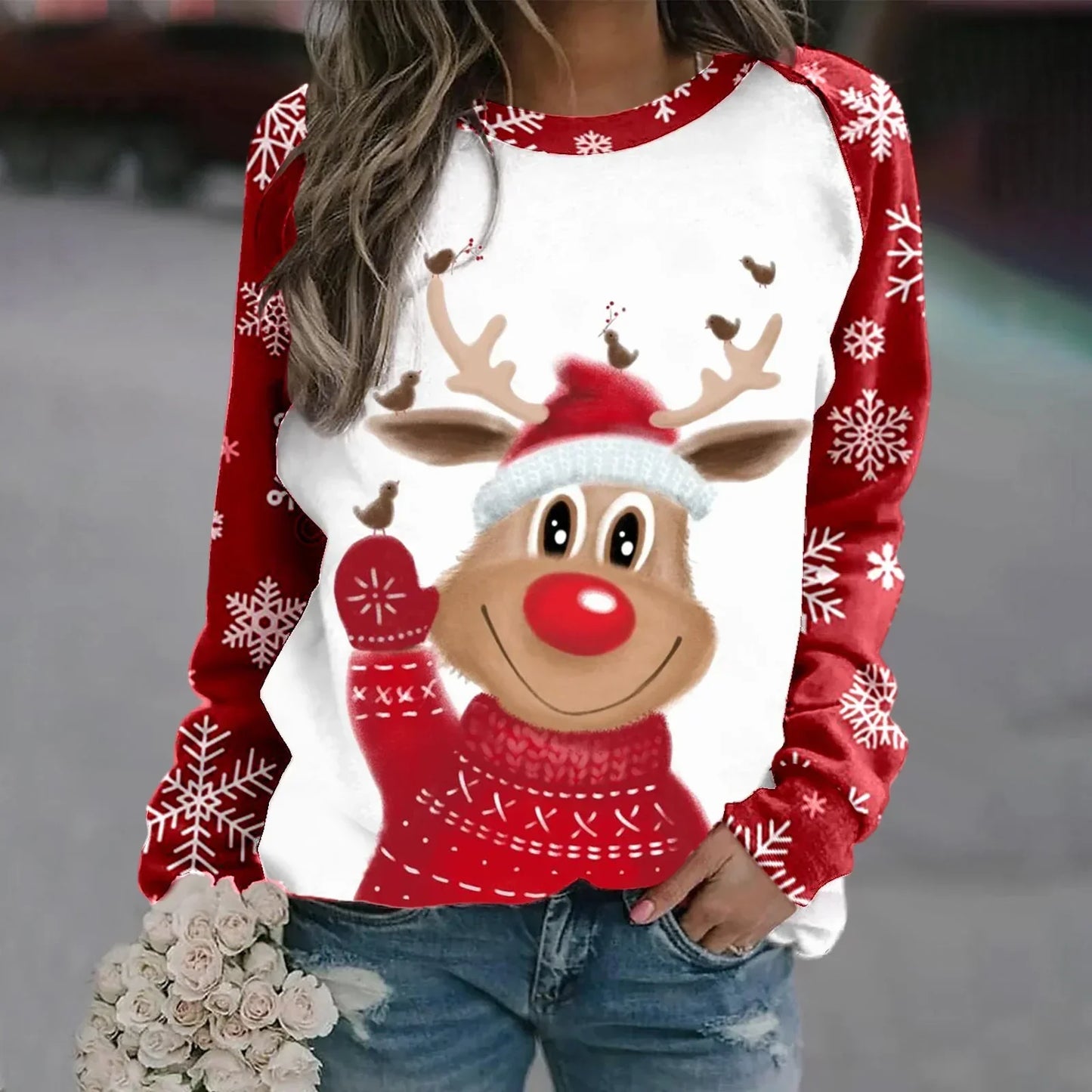 Sara | Warm 3D printed Christmas reindeer crew neck sweater for women