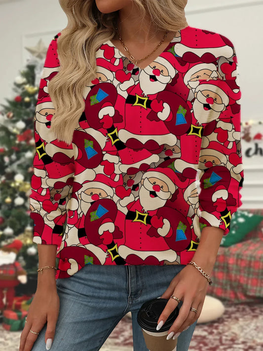 Hannah | Warm women's knitted sweater with Santa Claus print and V-neck