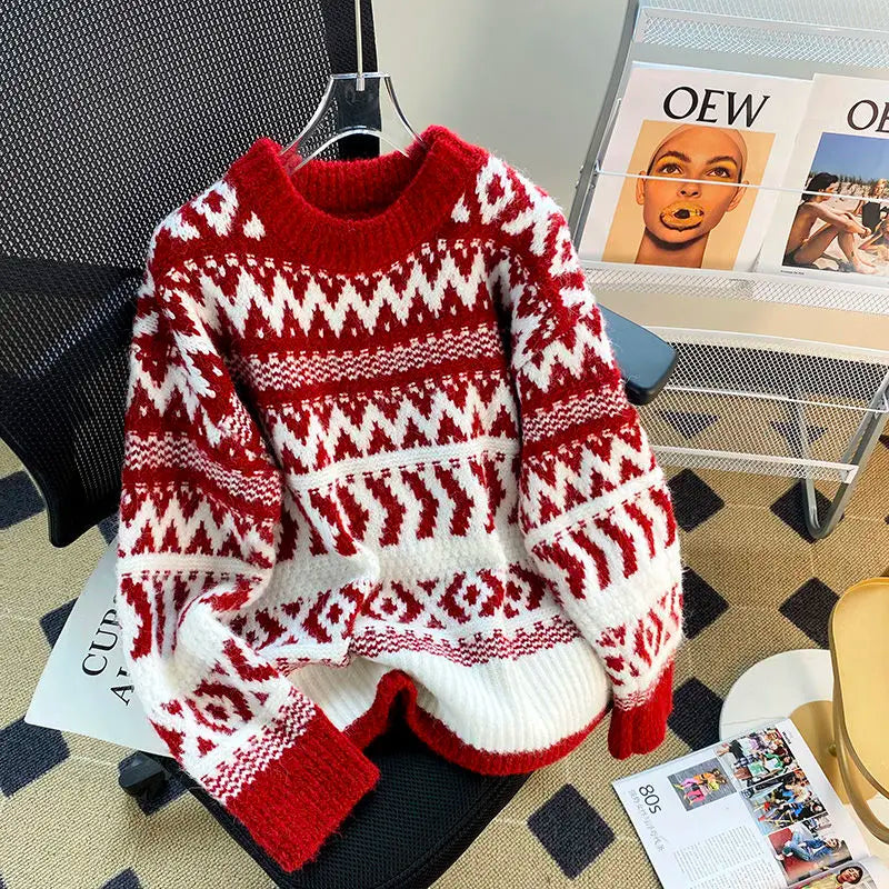 Sigrid | Striped chunky knit sweater with Christmas motifs for women and a crew neck