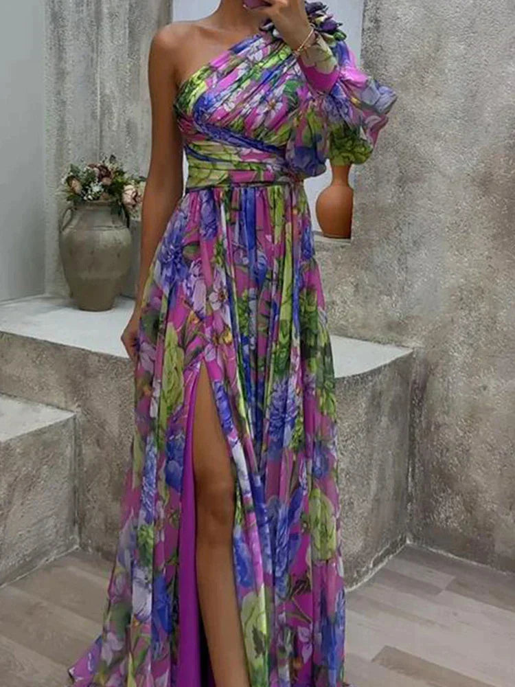 Ida® | Sexy Long Dress With Side Slit And Purple Print