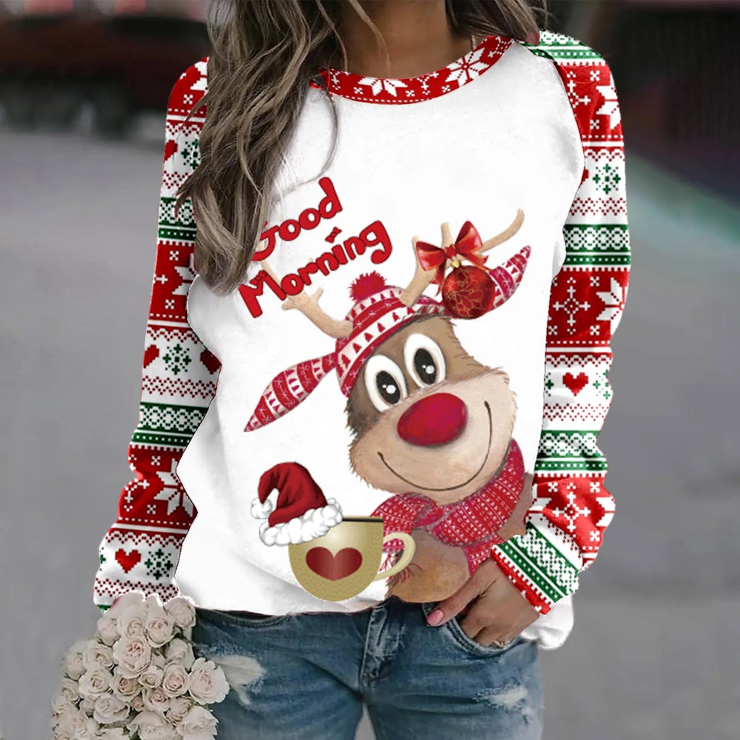 Sara | Warm 3D printed Christmas reindeer crew neck sweater for women