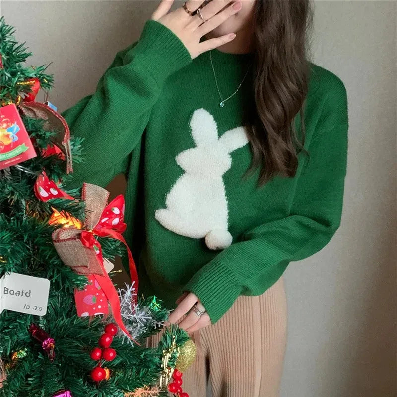Silvia | Warm women's knitted sweater with a Christmas bunny embossing and a crew neck