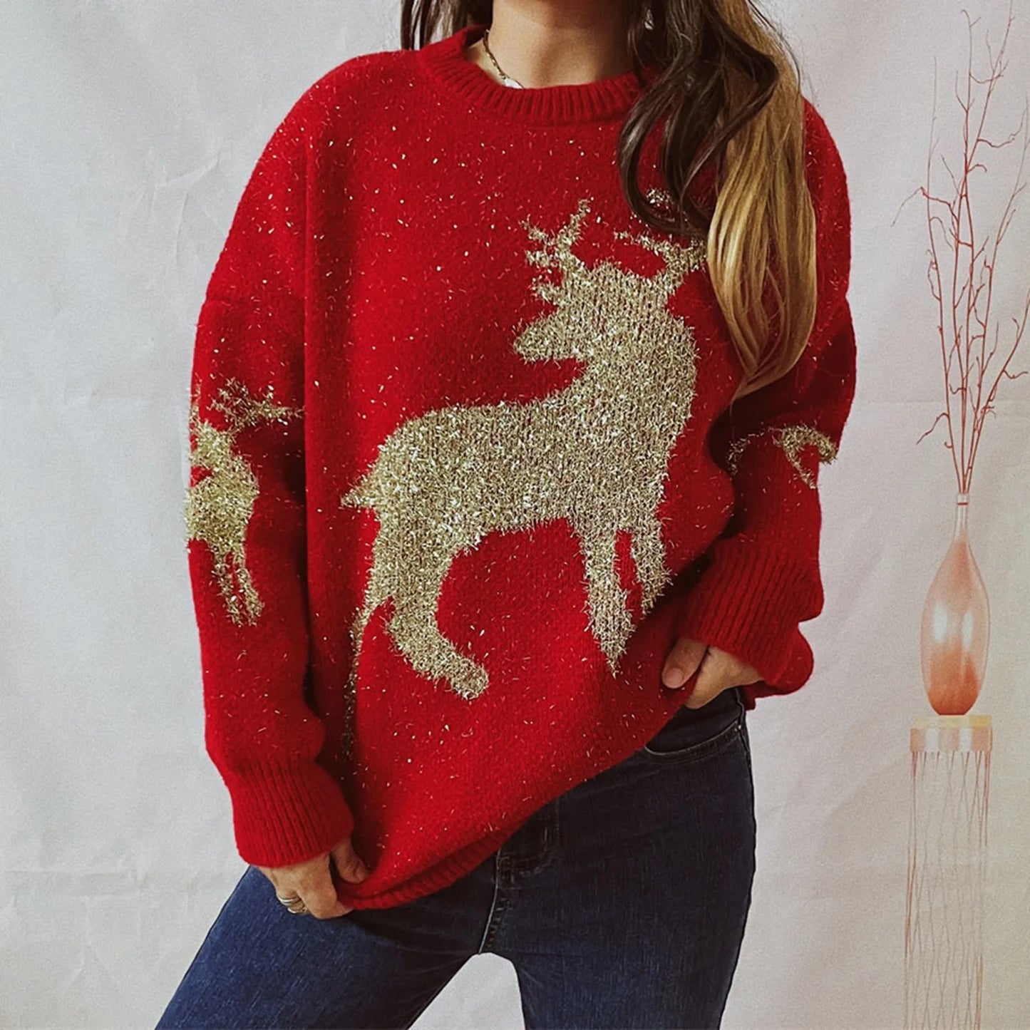 Elfriede | Christmas deer crew neck knitted sweater for women