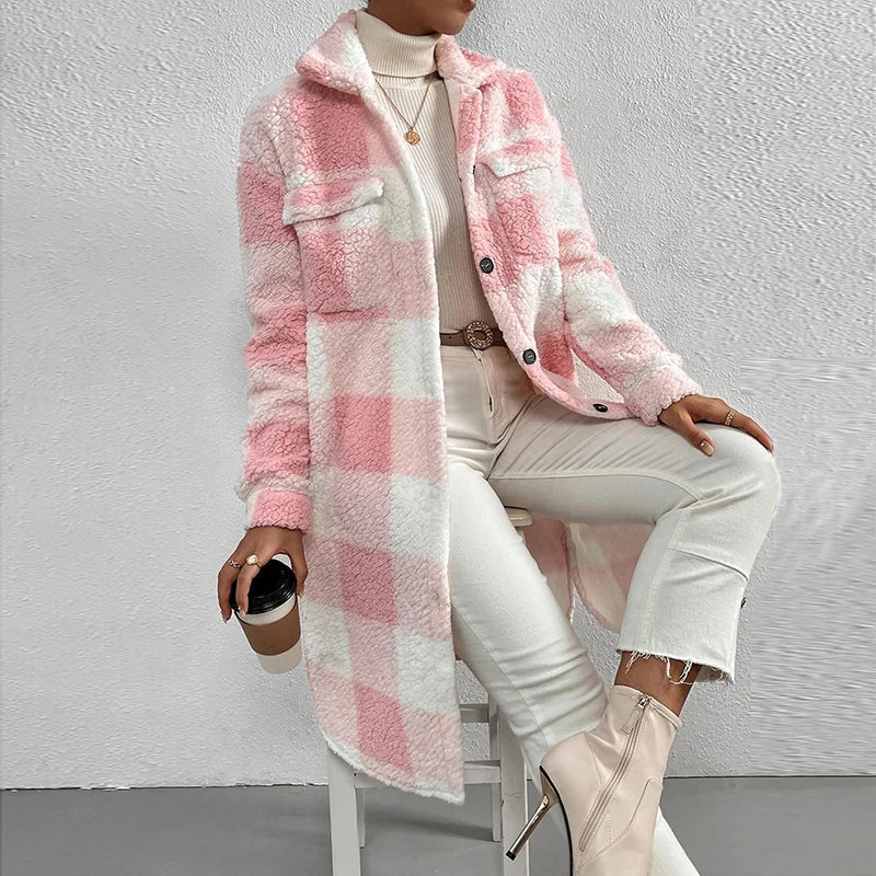 Rita | Long casual checked lambswool jacket for women