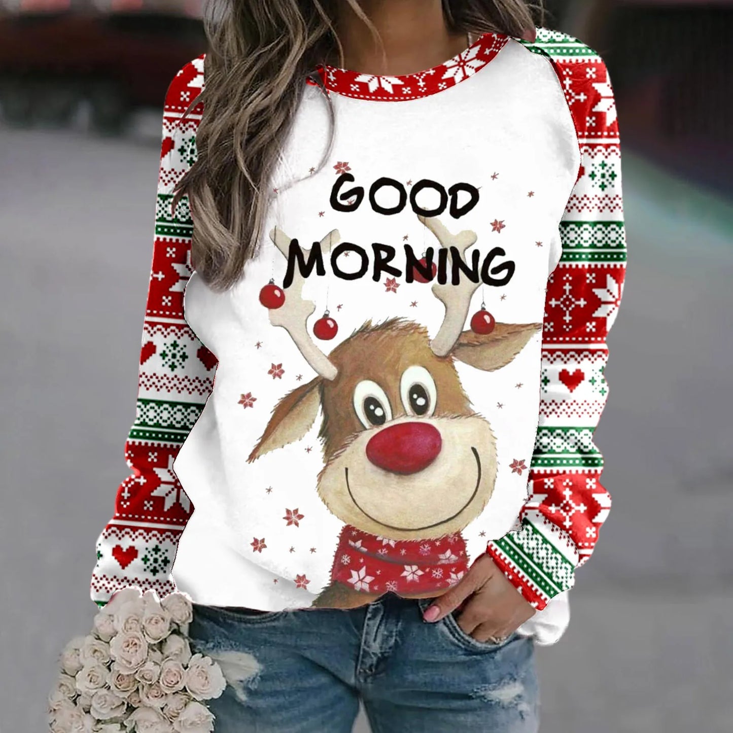 Sara | Warm 3D printed Christmas reindeer crew neck sweater for women