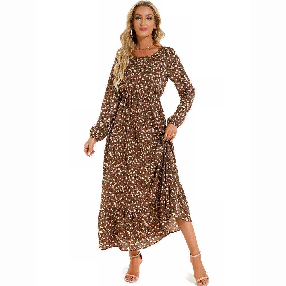 Natasha® | Women'S Bohemian Floral Chiffon Maxi Dress With Long Sleeves