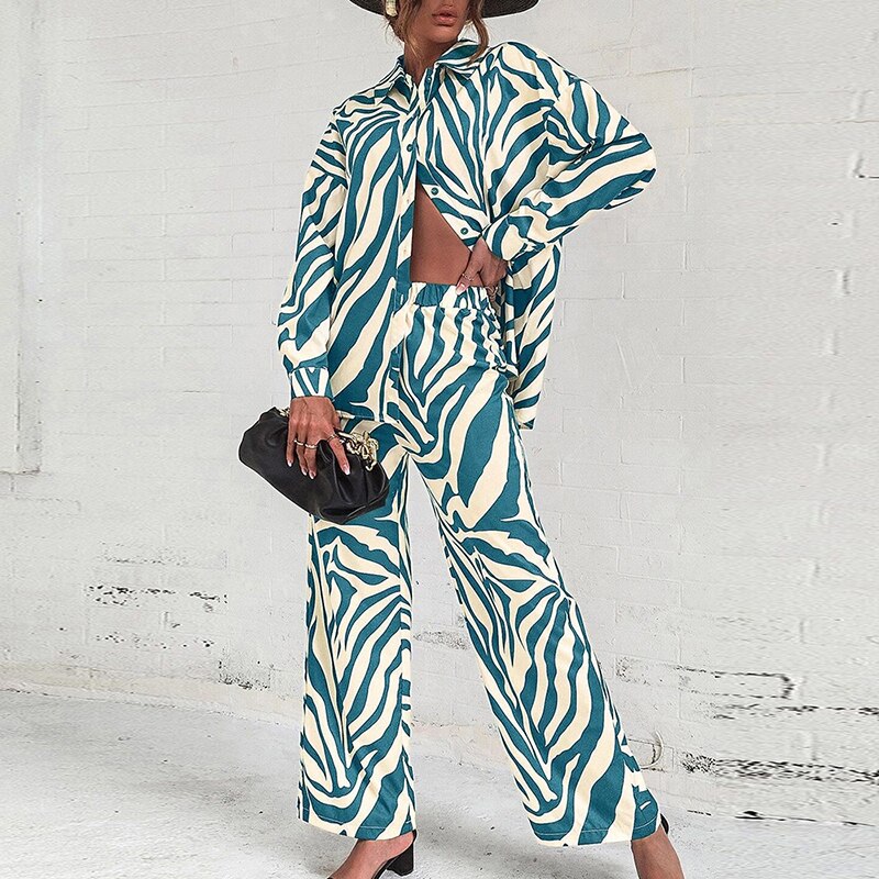 Emily® | Elegant Abstract Print Long-Sleeved Blouse And Pants Set