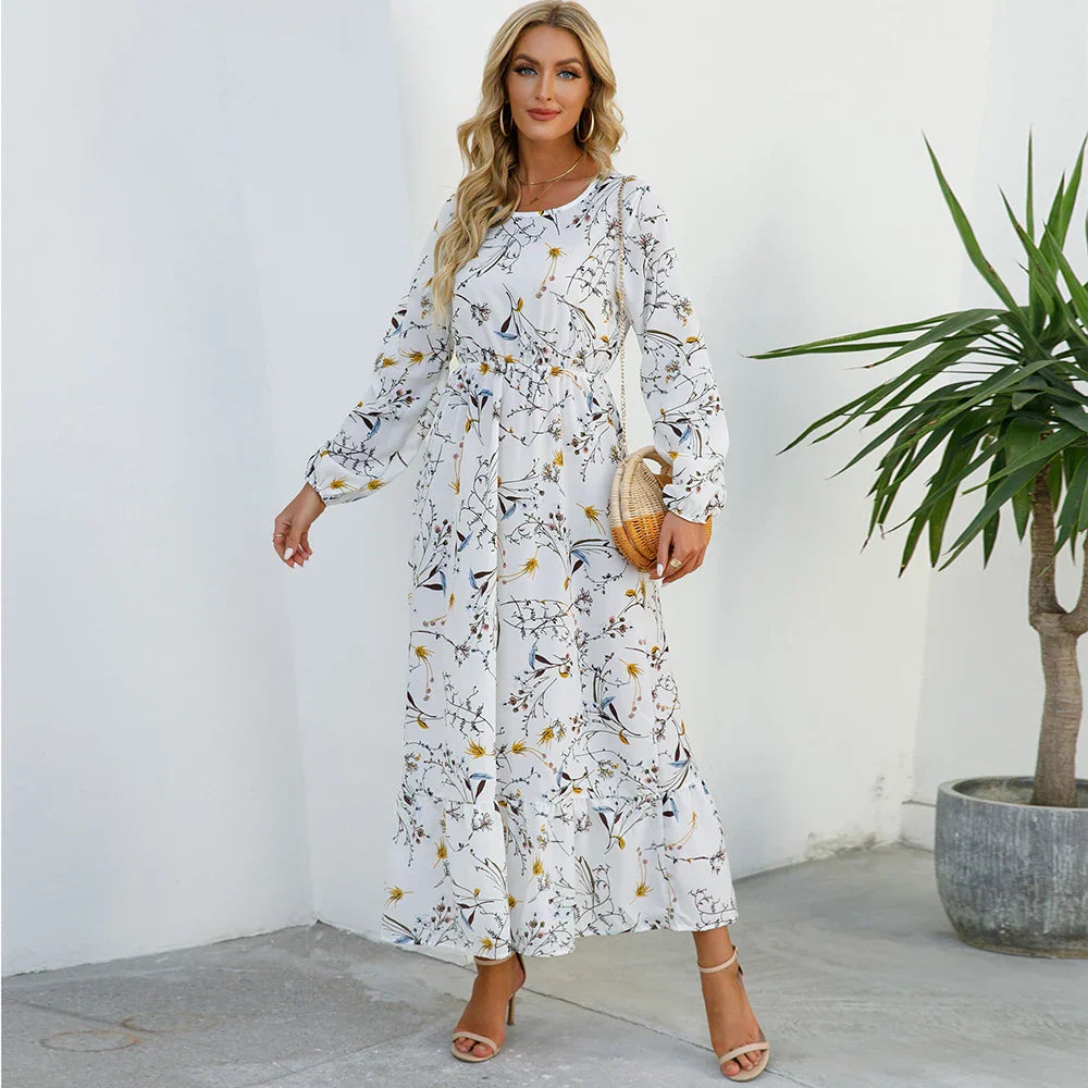 Natasha® | Women'S Bohemian Floral Chiffon Maxi Dress With Long Sleeves