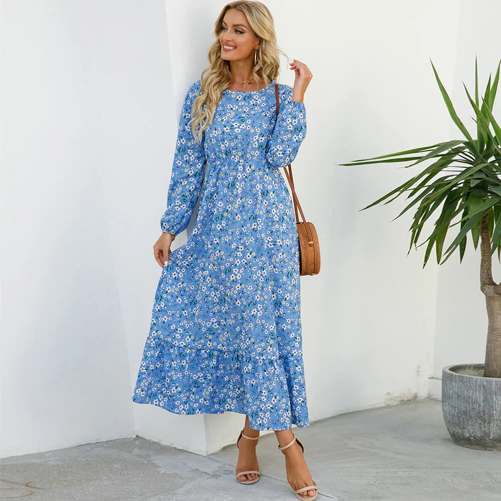 Natasha® | Women'S Bohemian Floral Chiffon Maxi Dress With Long Sleeves