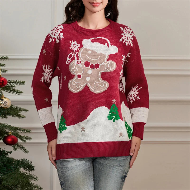 Elin | Warm women's knitted sweater with a snowflake gingerbread print and a crew neck