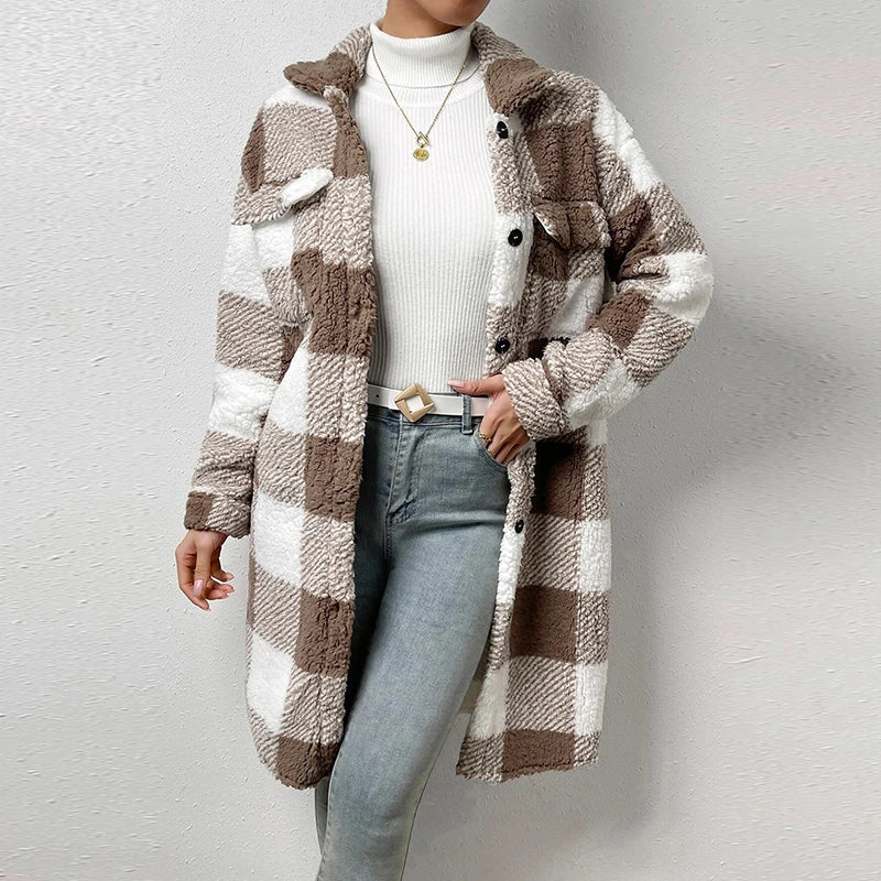 Rita | Long casual checked lambswool jacket for women