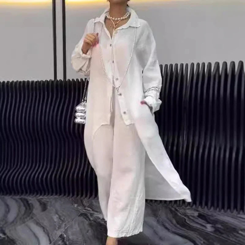 Tamar | Women's linen crochet set with buttons and lapel collar