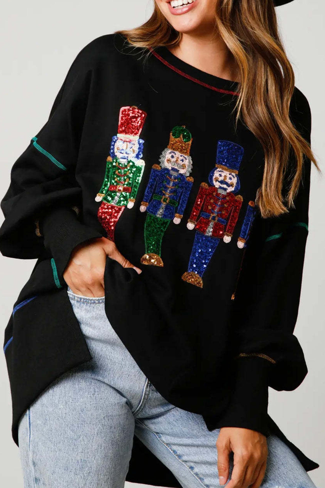 Dominique | Sequin graphic sweatshirt with slit hem