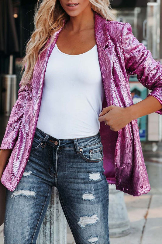 Pink | Solid color long sleeve blazer with sequins