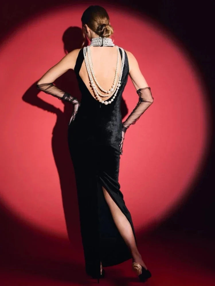 Sexy Black Velvet Halter Neck Pearl Chain Long Dress Maxi Party Dress