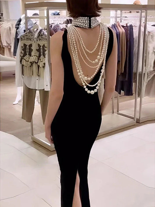 Sexy Black Velvet Halter Neck Pearl Chain Long Dress Maxi Party Dress