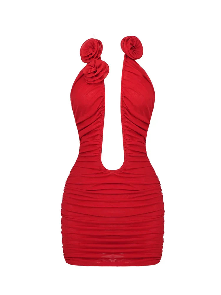 Sexy Deep V Neck 3D Flower Mini Strapless Backless Pleated Party Dress